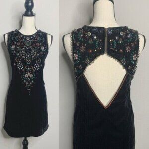 Vintage Beaded Black Velvet Mini Dress Floral Embellished Cocktail Mini Dress